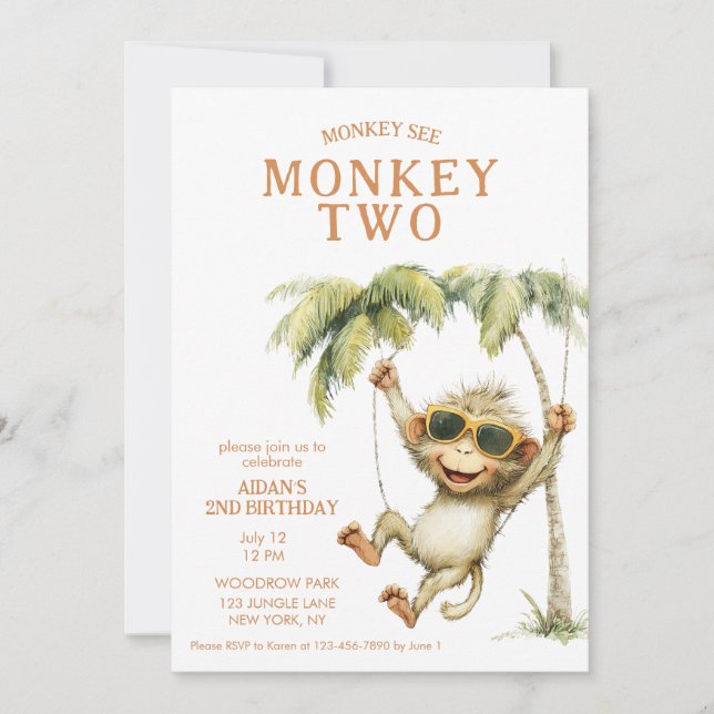 Invitation Singe voit singe deux deuxième anniversaire (Devant)
