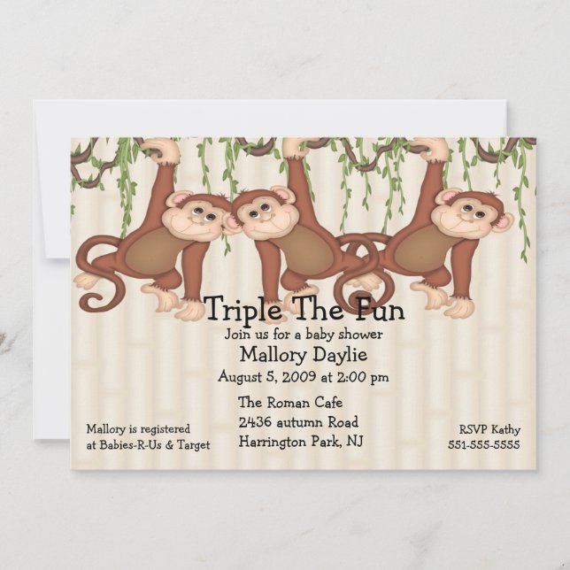 Invitation Singes de triplet de baby shower (Devant)