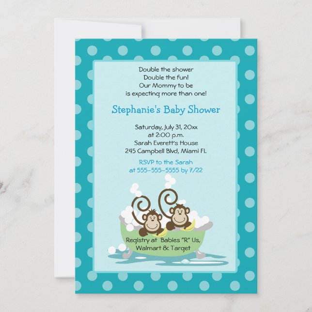 Invitation Singes soyeux dans le Baby shower Tub Twins - Aqua (Devant)