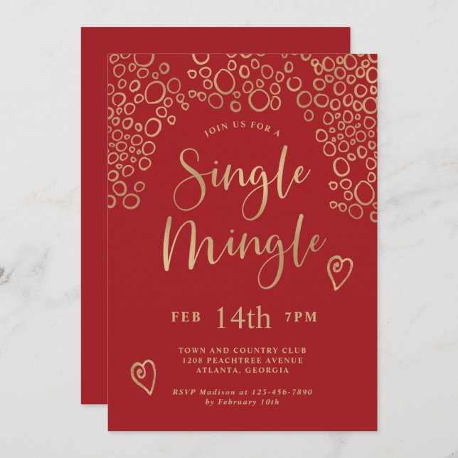 Invitation Single Mingle Valentine Party Rouge et or (Devant / Derrière)