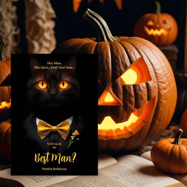 Invitation Sinister Cat's Glowing Yellow Eyes Best Man  (Sinister Humanoide Cat's Glowing Yellow Eyes Best Man with Bow Tie Proposal Cards.)