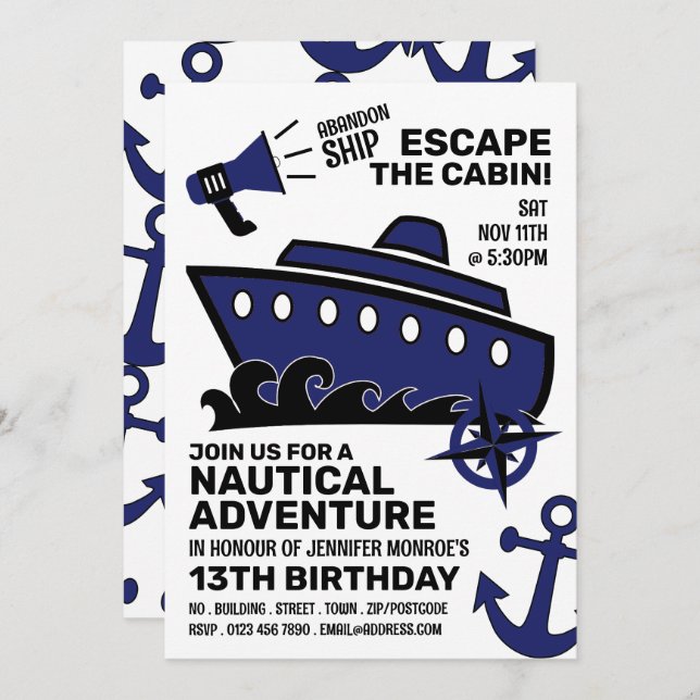 Invitation Sinking Ship Theme Escape Room, fête d'anniversair (Devant / Derrière)