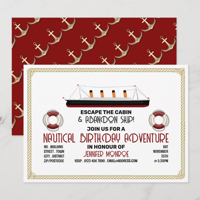 Invitation Sinking Ship Theme Escape Room, fête d'anniversair (Devant / Derrière)