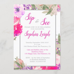 Invitation Sip and See Baby Floral Rose rose