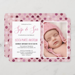 Invitation Sip and See Baby Girl Douche Photo Pink Polka Dot