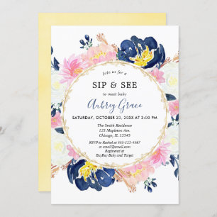 Invitation Sip and See Baby girl navy bleu bleu bleu rose or
