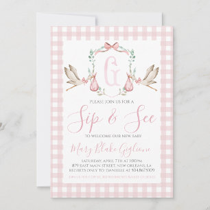 Invitation Sip and See Baby Girl Watercolor Stork