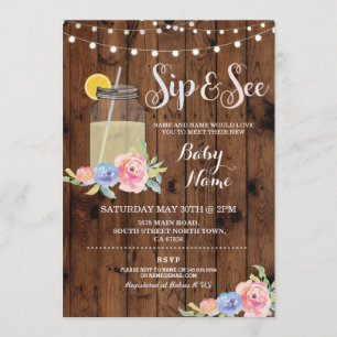 Invitation Sip and See Baby shower Floral Wood Rustic Invitat