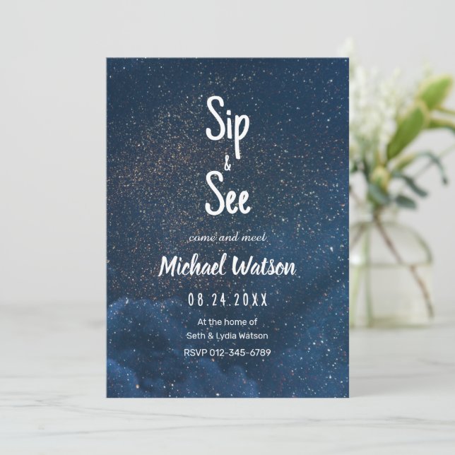 Invitation Sip and See Baby shower Invitation, Starry Night (Debout devant)