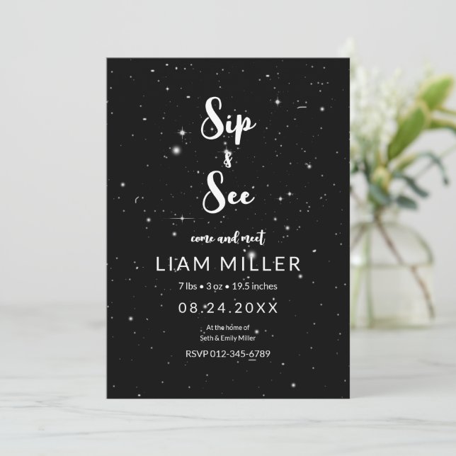 Invitation Sip and See Baby shower, StarryNight Minimalist (Debout devant)