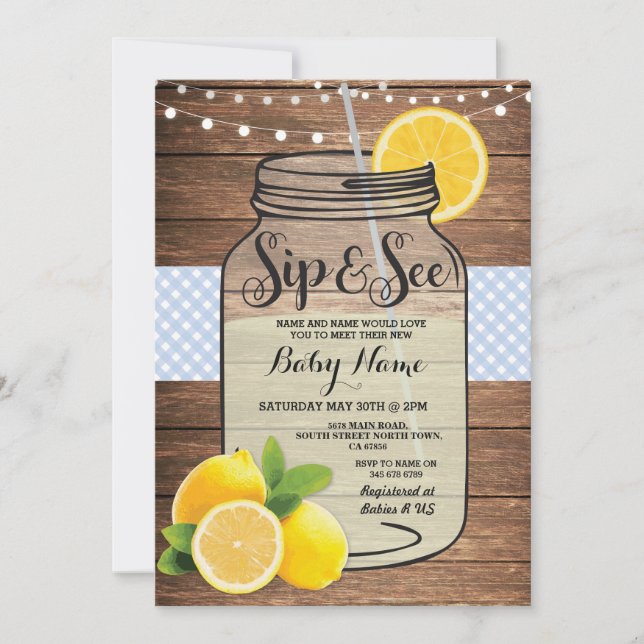 Invitation Sip and See Baby shower Wood Rustic Blue Invitatio (Devant)