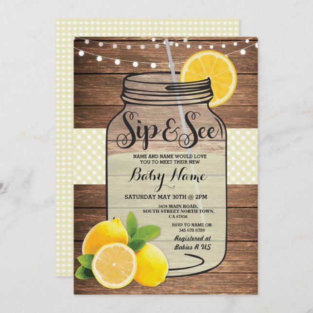 Invitation Sip and See Baby shower Wood Rustic Jaune Invitati (Devant / Derrière)