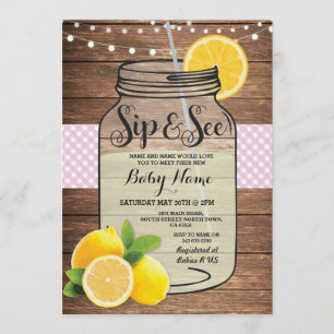 Invitation Sip and See Baby shower Wood Rustic Pink Invitatio