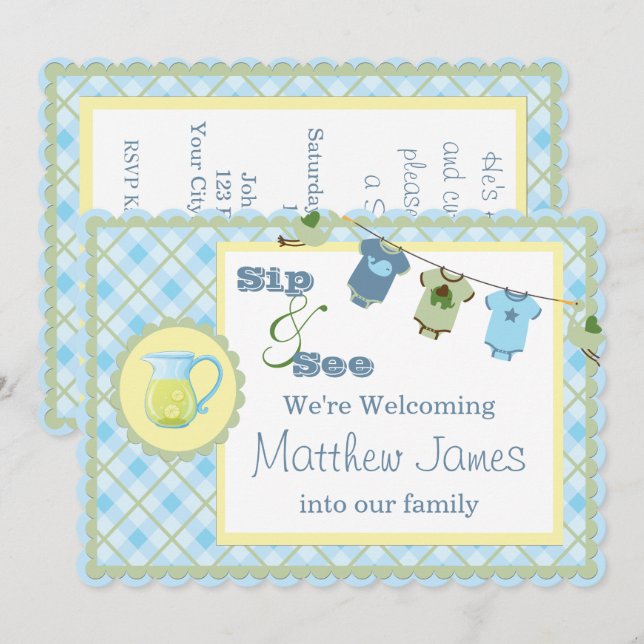 Invitation Sip and See Blue En vichy Bunting Baby shower (Devant / Derrière)