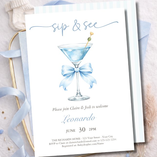 Invitation Sip and See Coquette Bleu Ruban Bébé Garçon (Créateur téléchargé)
