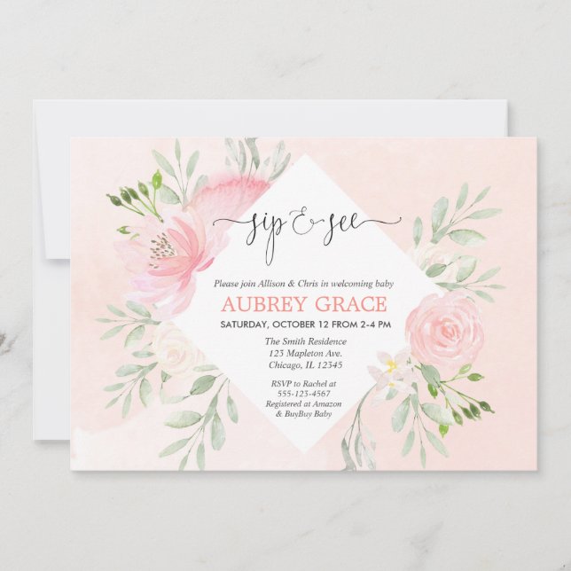 Invitation Sip and See girl baby shower Floral rose vif (Devant)
