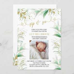 Invitation Sip and See Green et Gold Elegant