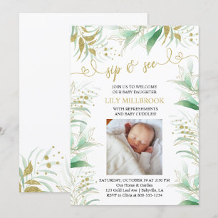 Invitation Sip and See Greenery Green and Gold Elegant