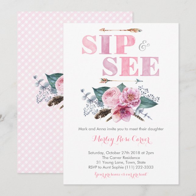 Invitation Sip and See Meet New Baby Girl Party (Devant / Derrière)