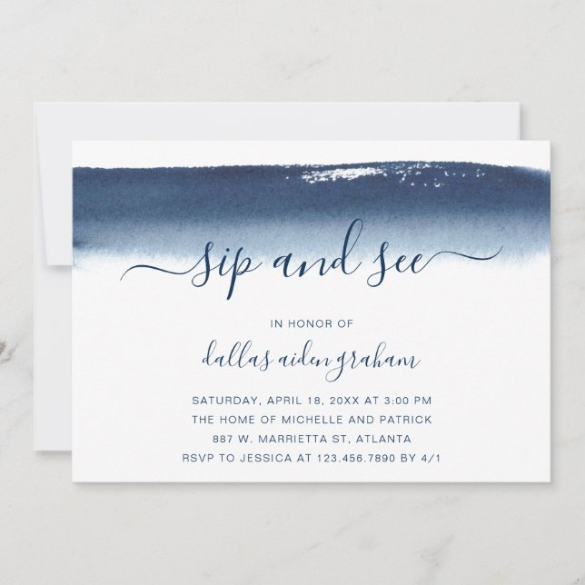Invitation Sip and See Navy Blue Watercolor Baby Boy (Devant)