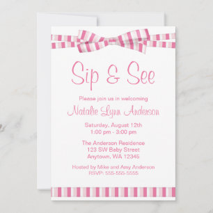 Invitation Sip and See Pink Stripe Ribbon Bow