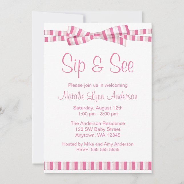 Invitation Sip and See Pink Stripe Ribbon Bow (Devant)