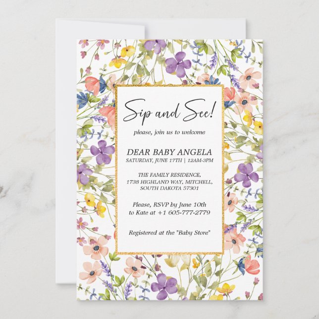 Invitation Sip And See Prairie De Fleurs Sauvages  (Devant)
