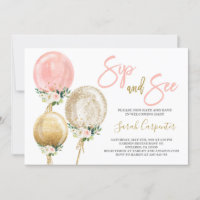 Sip and See rose ballons baby shower fille Invitat