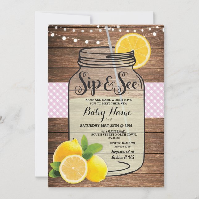 Invitation Sip et voir Baby shower Bois Rustique rose Invitat (Devant)