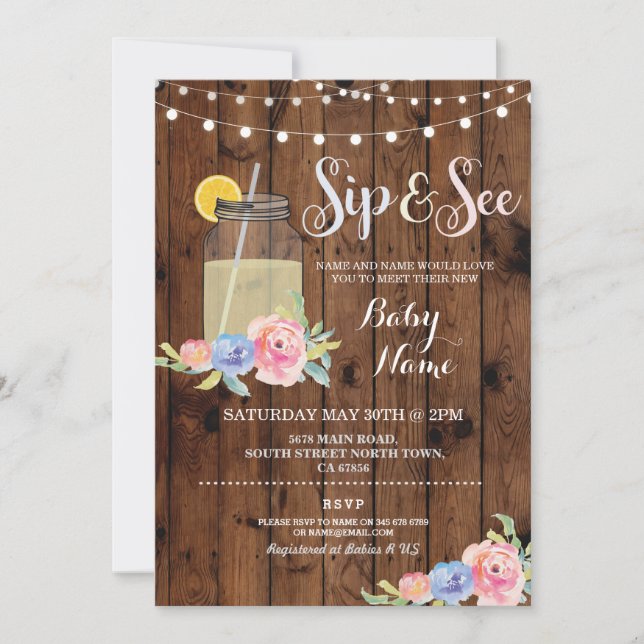 Invitation Sip et voir Baby shower Floral Bois Rustique Invit (Devant)