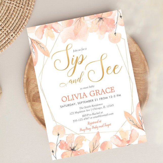 Invitation Sip et voir bébé fille, blush rose or élégant (Créateur téléchargé)