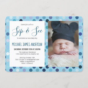 Invitation Sip et voir bébé garçon Photo Blue Polka Dot