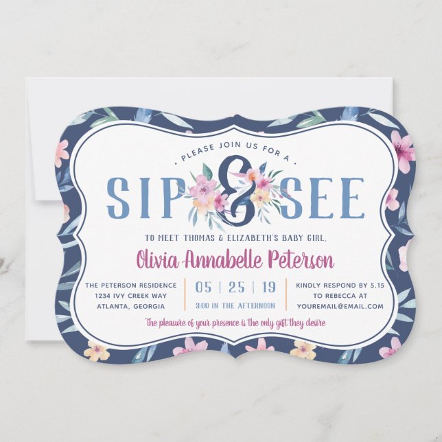 Invitation Sip floral et voir Baby shower Invitation, printem (Devant)