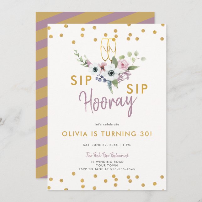 Invitation Sip Hooray Bubbly Floral Rose Gold 30e anniversair (Devant / Derrière)