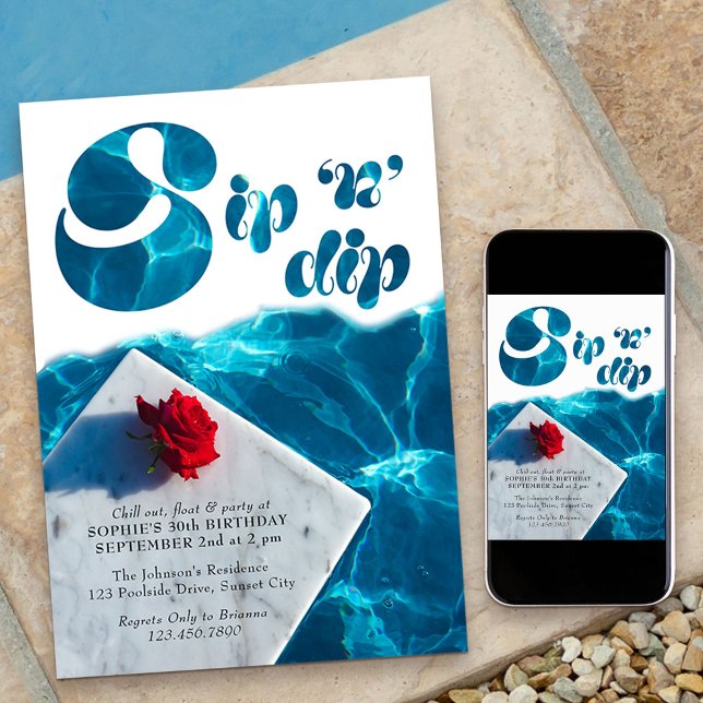 Invitation Sip n Dip Pool Party Typographie Super été (Sip n Dip Pool Party Invitation which you can customize for any age birthday or summer event)