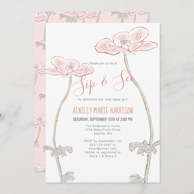 Invitation Sip rose pâle & Voir Floral Baby Girl Baby shower (Devant / Derrière)