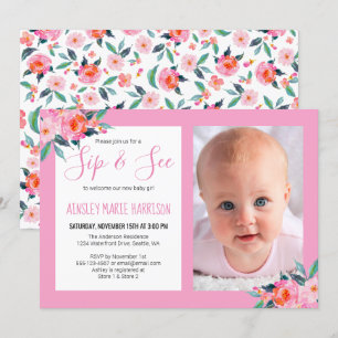 Invitation Sip & See Baby Girl Photo Pink Floral Baby shower