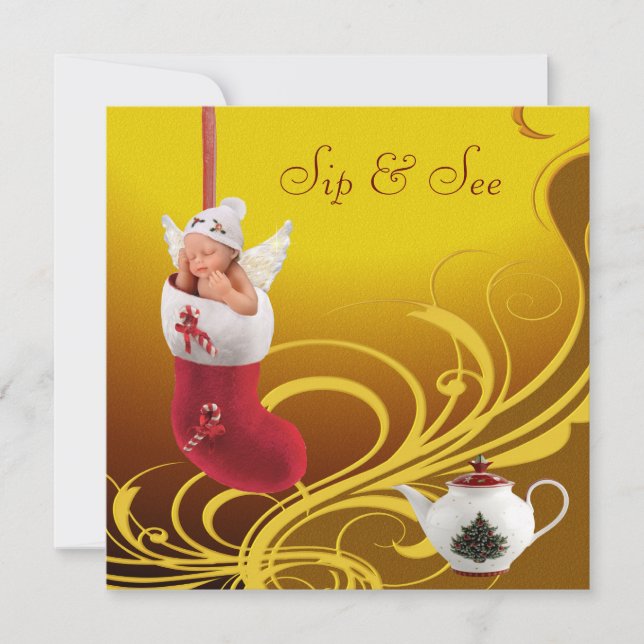 Invitation Sip & See Baby in Christmas Stocker Baby shower (Devant)