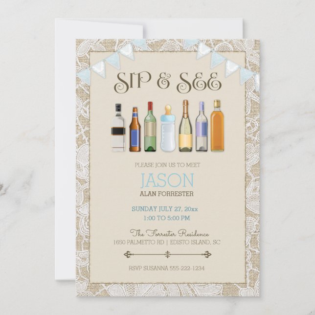 Invitation Sip & See Bouteilles Ruban Burlap Garçon Bleu (Devant)