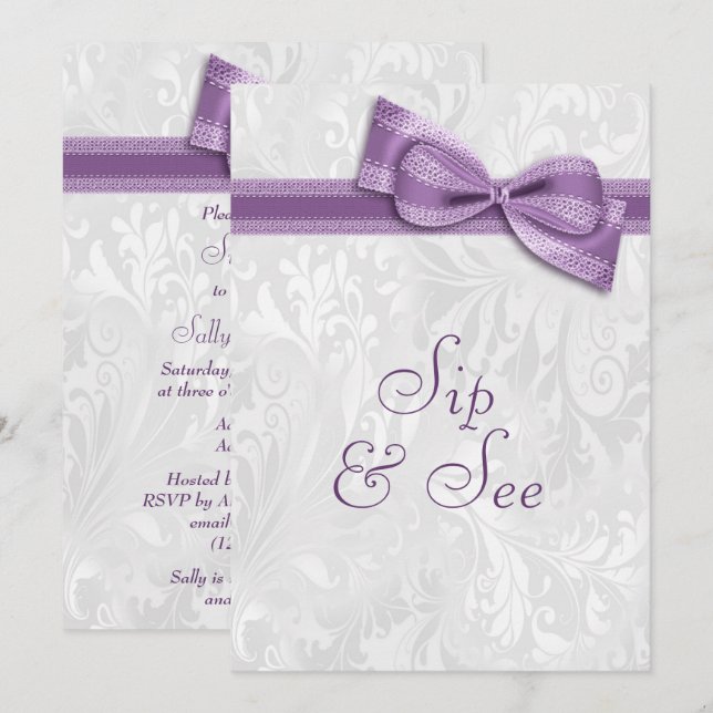Invitation Sip & See Damassé Blanc et Nœud Papillon Faux Viol (Devant / Derrière)