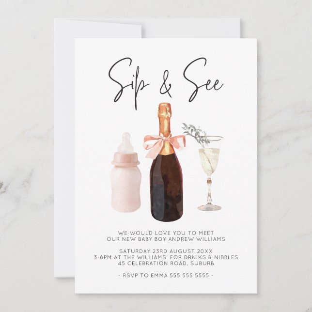 Invitation Sip & See Elegant Watercolor Pink Baby Girl (Devant)