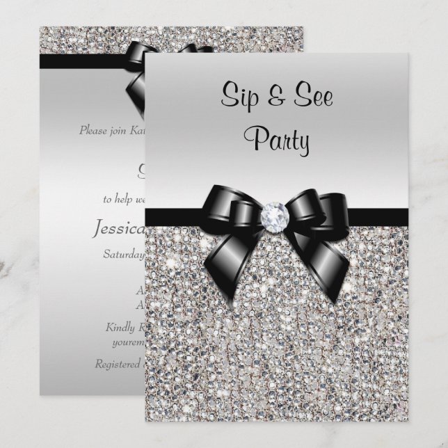 Invitation Sip & See Party Silver Sequits Black Bow (Devant / Derrière)
