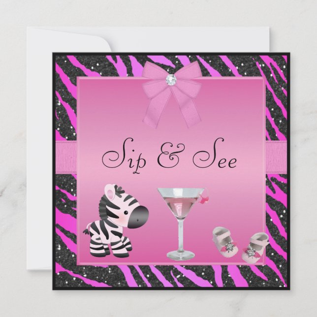 Invitation Sip & See Pink Zebra Baby shower (Devant)