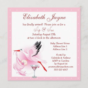 Invitation Sip & See Stork Livrant Baby shower rose bébé
