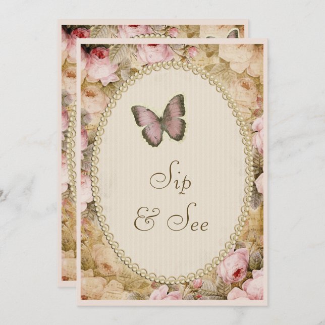 Invitation Sip & See Vintage Pearls Lace Roses Papillon (Devant / Derrière)