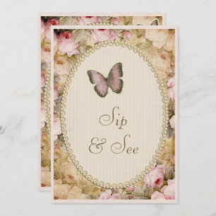 Invitation Sip & See Vintage Pearls Lace Roses Papillon