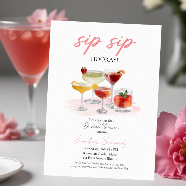 Invitation Sip Sip Hooray Aquarelle Cocktails Fête des mariée (Créateur téléchargé)