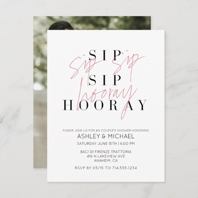 Invitation Sip Sip Hooray Black White Photo Couple's Shower (Devant / Derrière)
