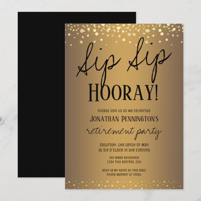 Invitation Sip Sip Hooray Elegant Gold Retirement Party (Devant / Derrière)