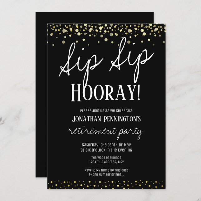 Invitation Sip Sip Hooray Elegant Gold Retirement Party (Devant / Derrière)
